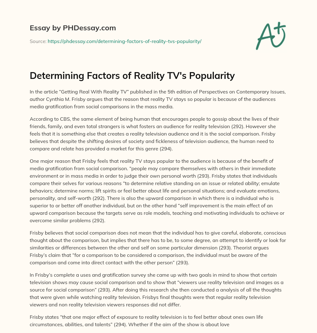 Determining Factors of Reality TV’s Popularity essay