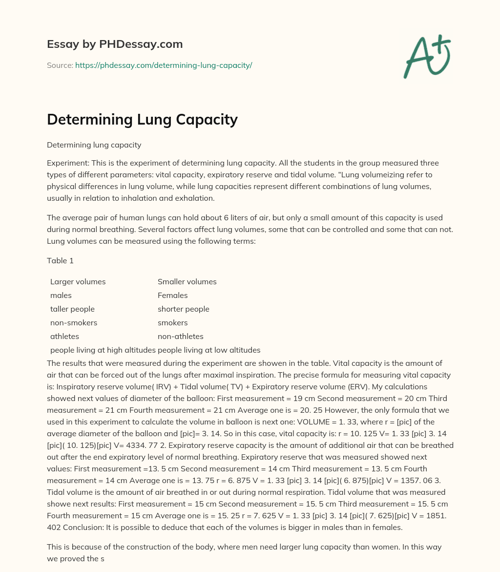 Determining Lung Capacity essay