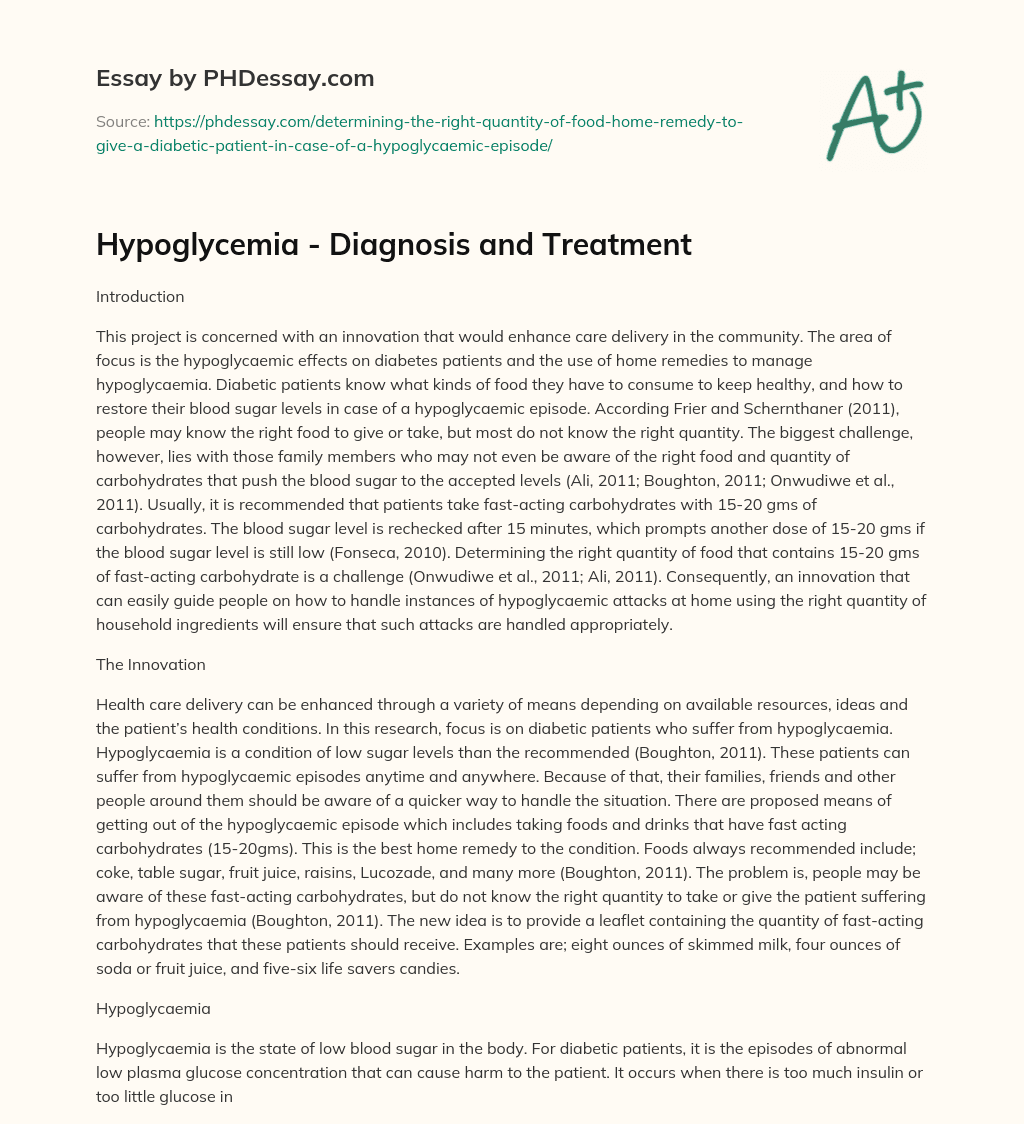 Hypoglycemia – Diagnosis and Treatment essay