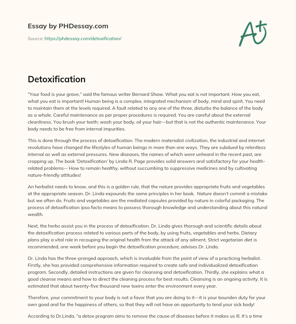 Detoxification: Maintaining Body, Mind, and Spirit for Optimal Health essay