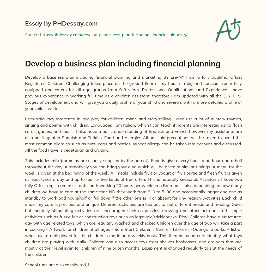 Develop a business plan including financial planning essay