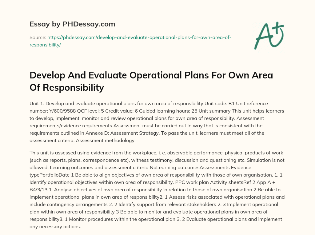 Develop And Evaluate Operational Plans For Own Area Of Responsibility essay