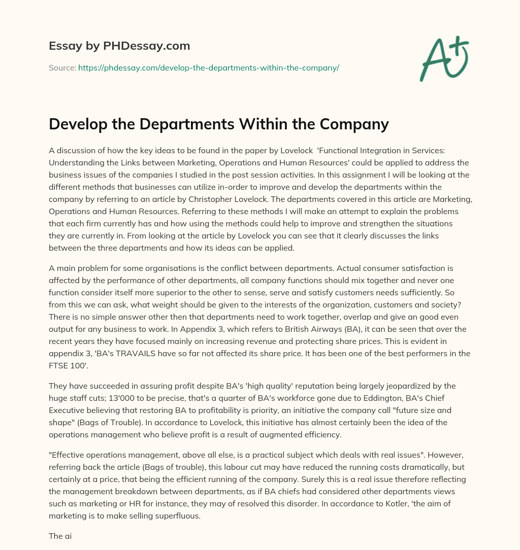 Develop the Departments Within the Company essay