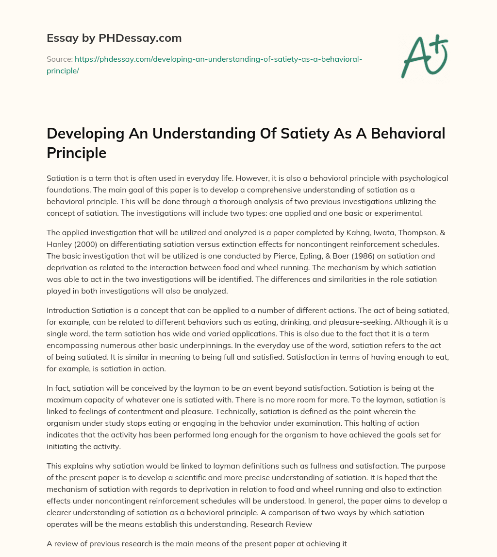 Developing An Understanding Of Satiety As A Behavioral Principle essay
