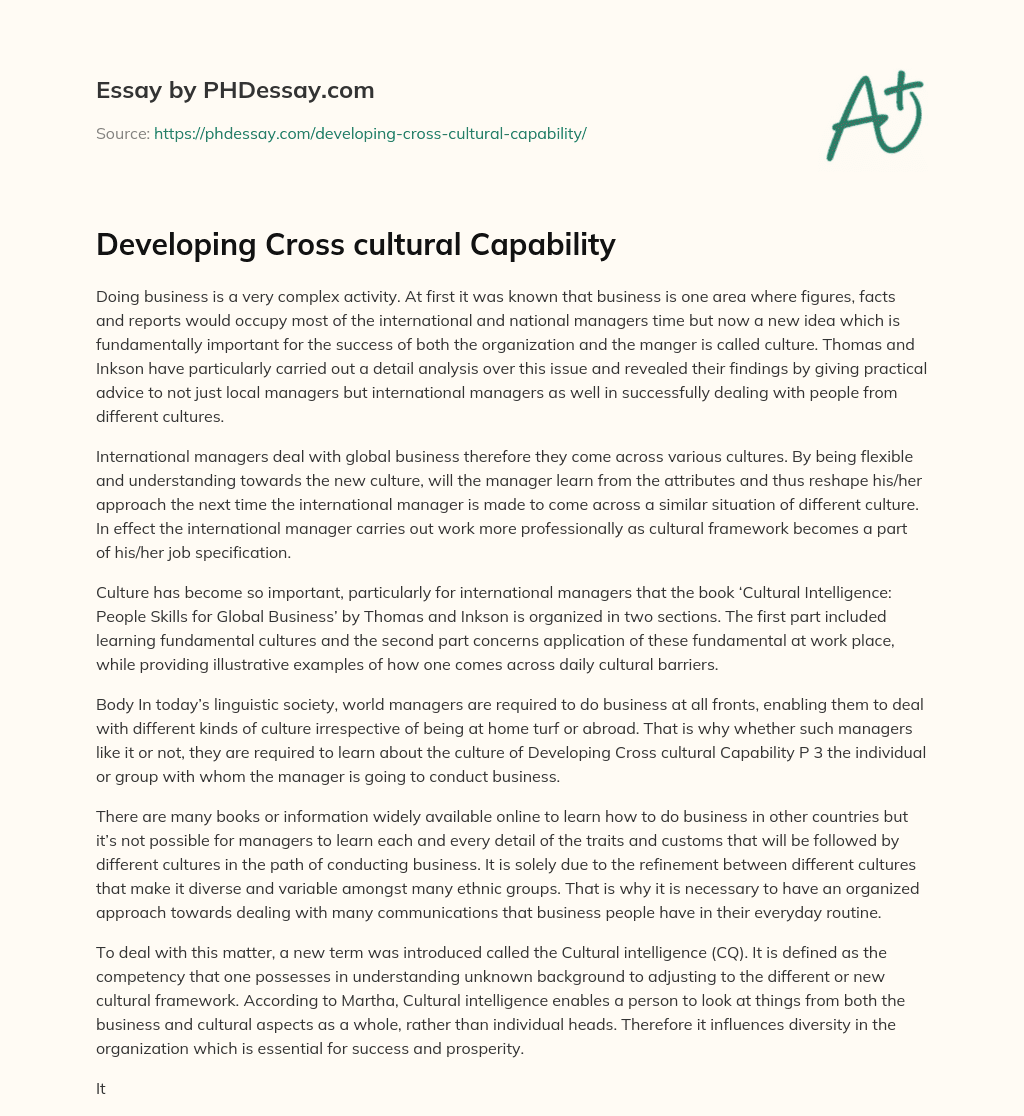 Developing Cross cultural Capability essay