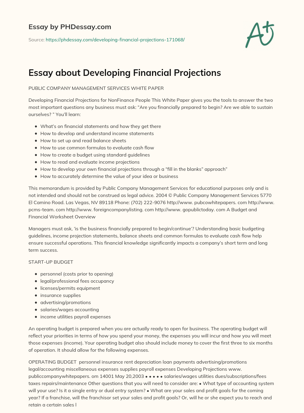 Essay about Developing Financial Projections essay