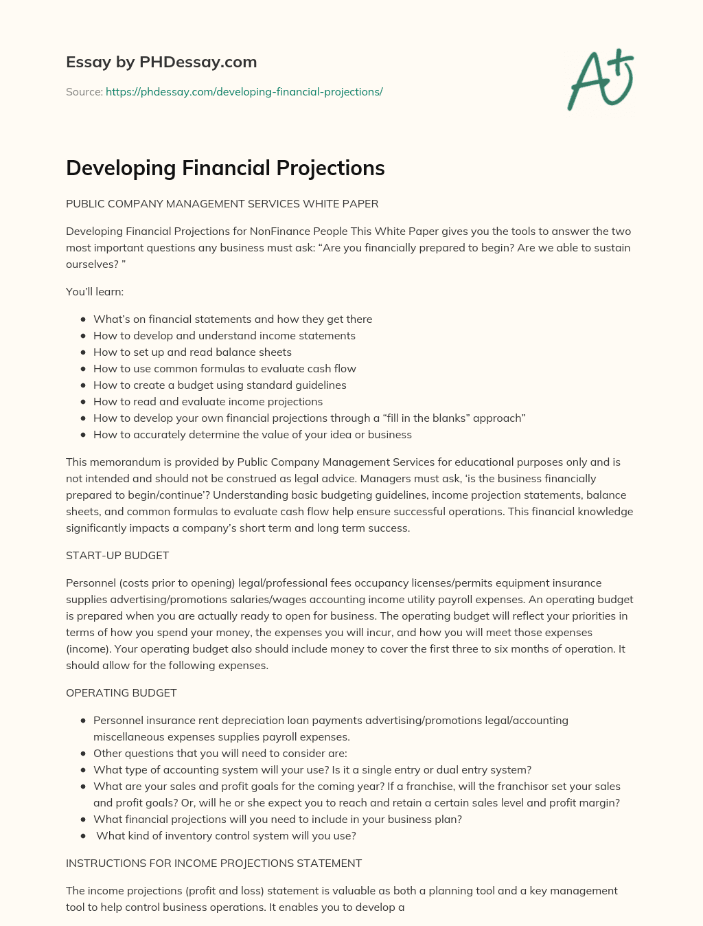 Developing Financial Projections essay