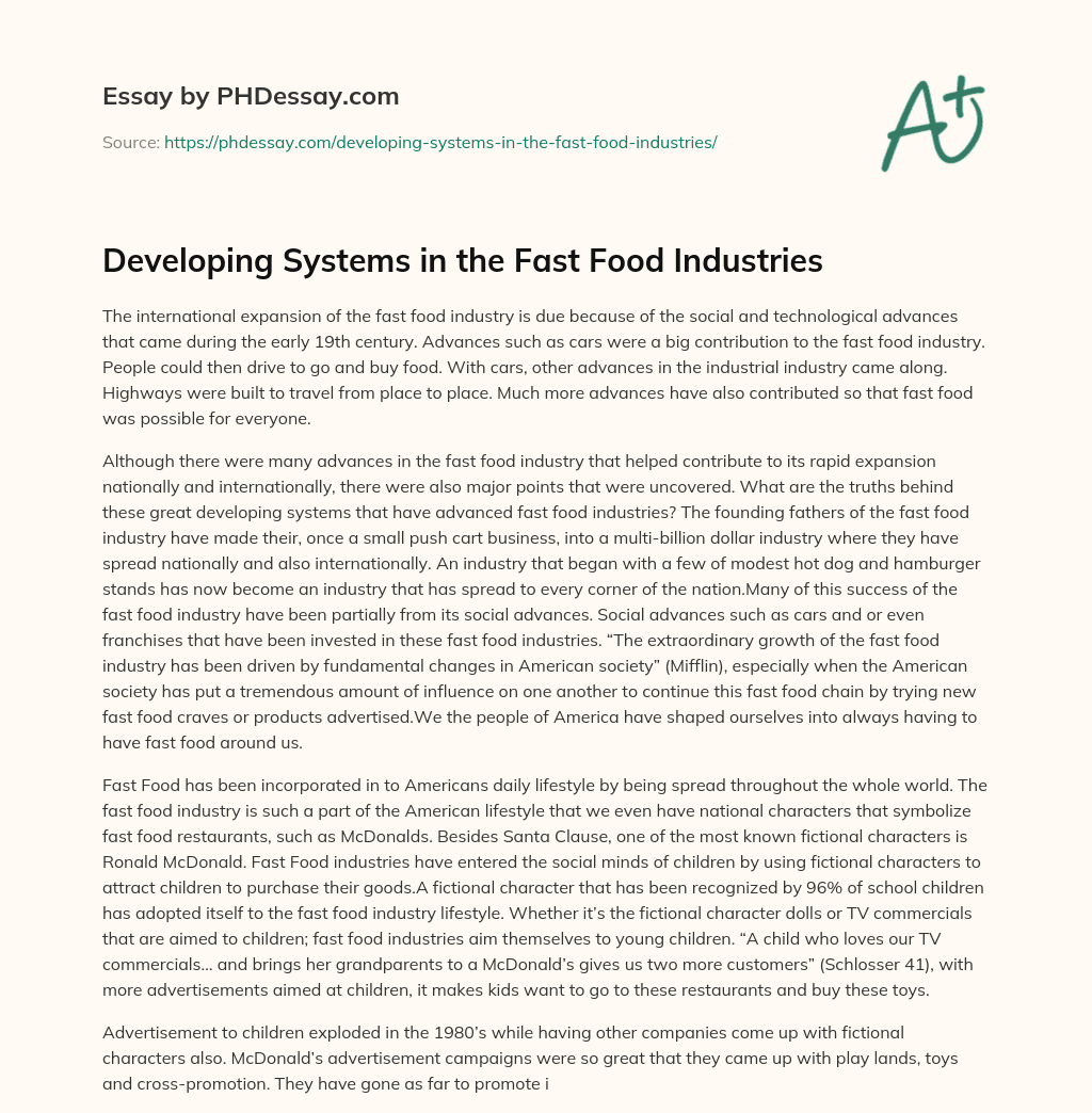 Developing Systems in the Fast Food Industries essay