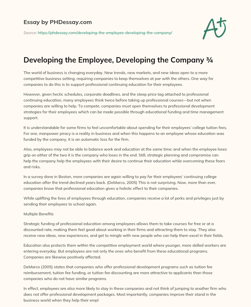 Developing the Employee, Developing the Company ¾ essay