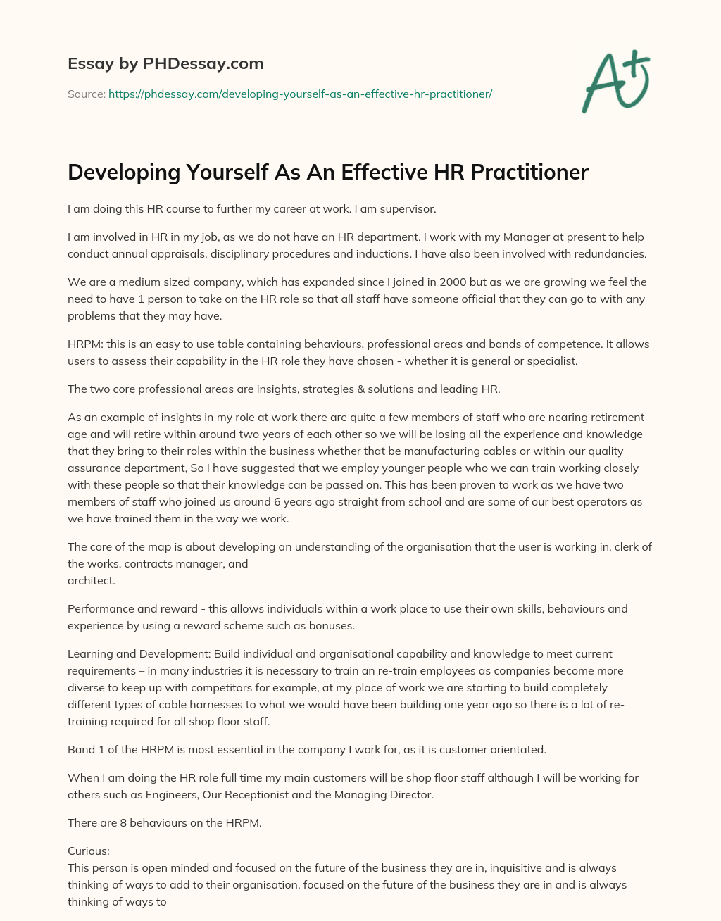 HR Course for Career Advancement and Need for Dedicated HR Role in Growing Company essay