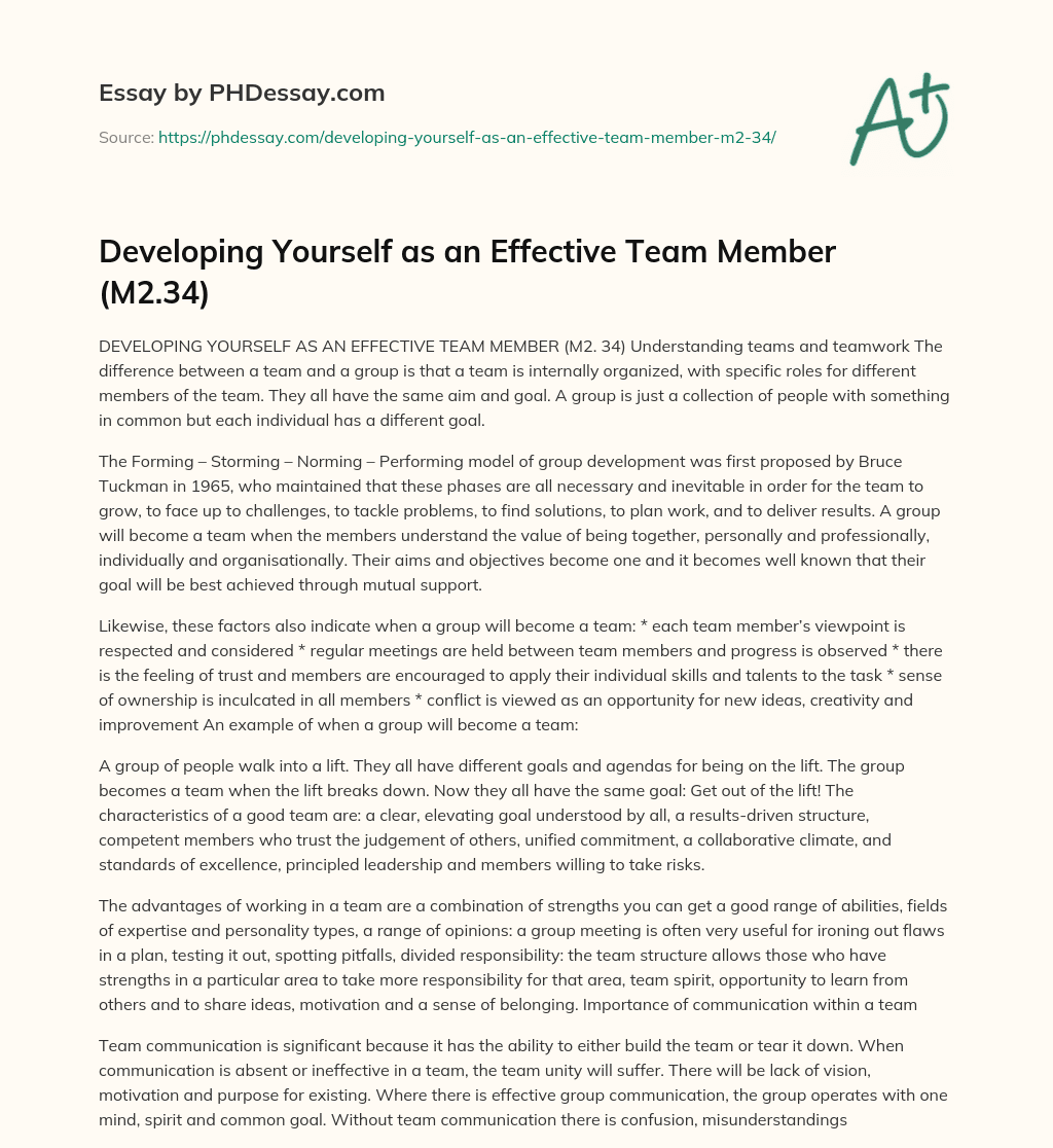 Developing Yourself as an Effective Team Member (M2.34) essay
