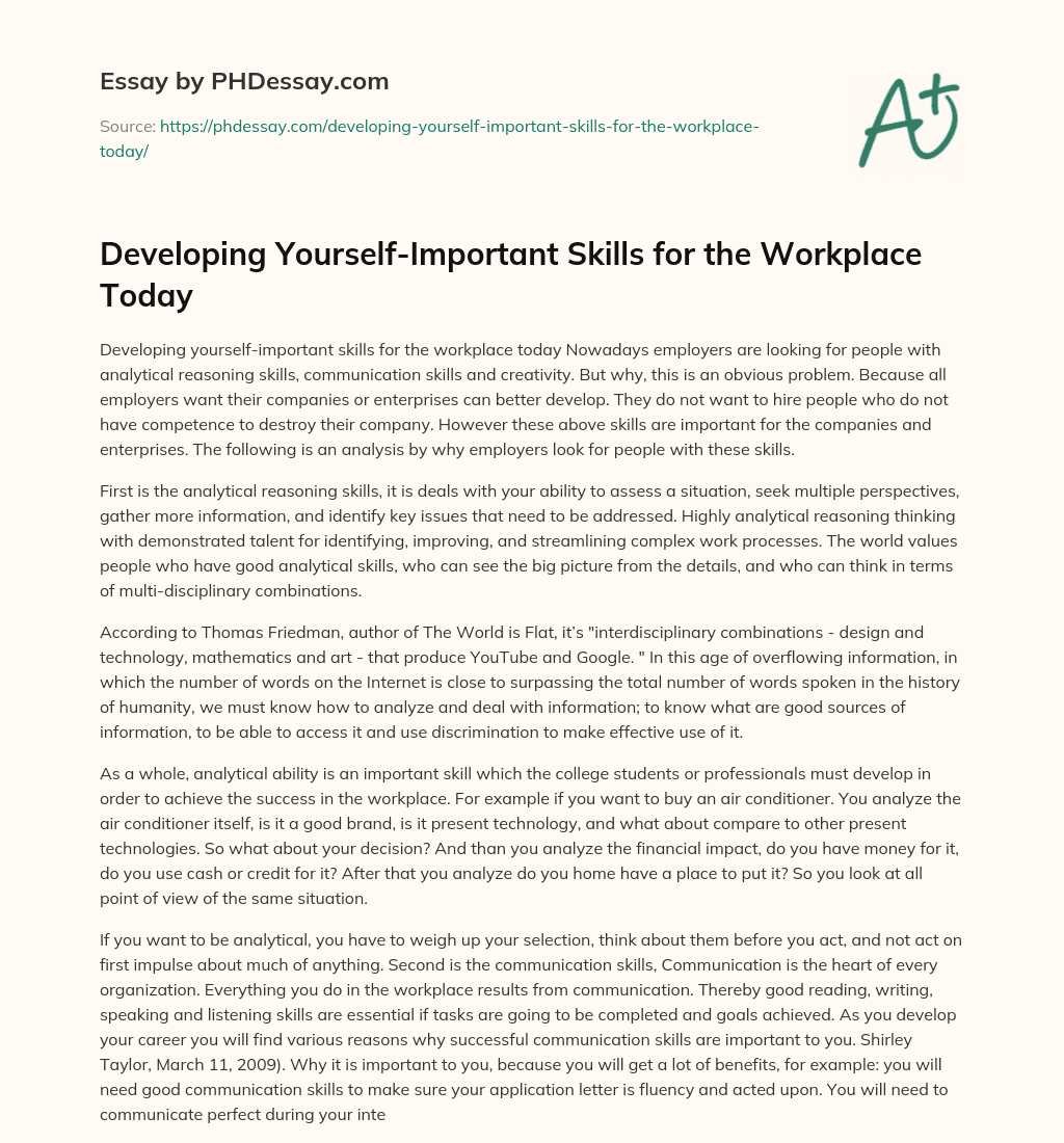 Developing Yourself-Important Skills for the Workplace Today essay