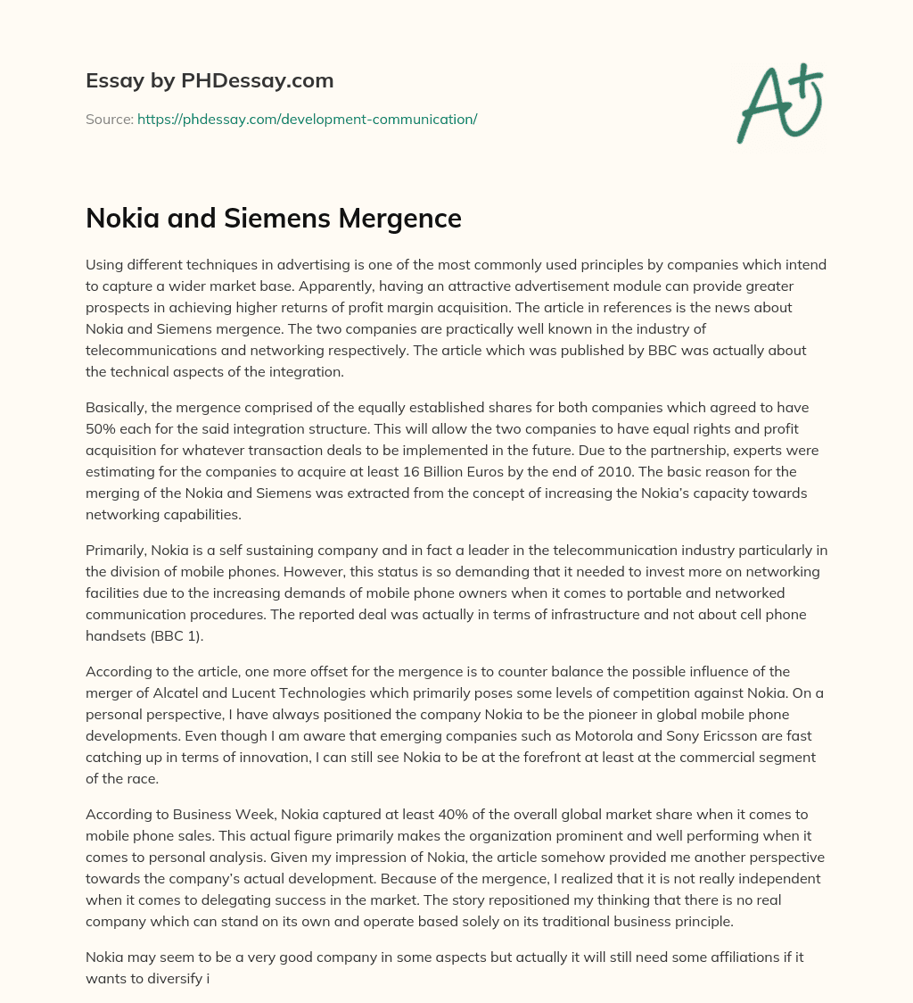 Nokia and Siemens Mergence essay