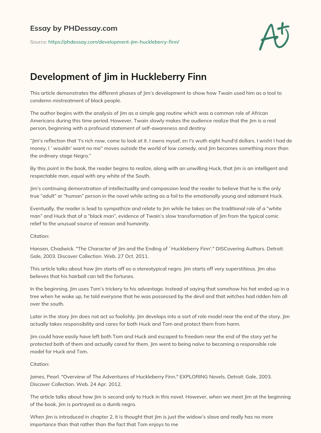 Development of Jim in Huckleberry Finn essay