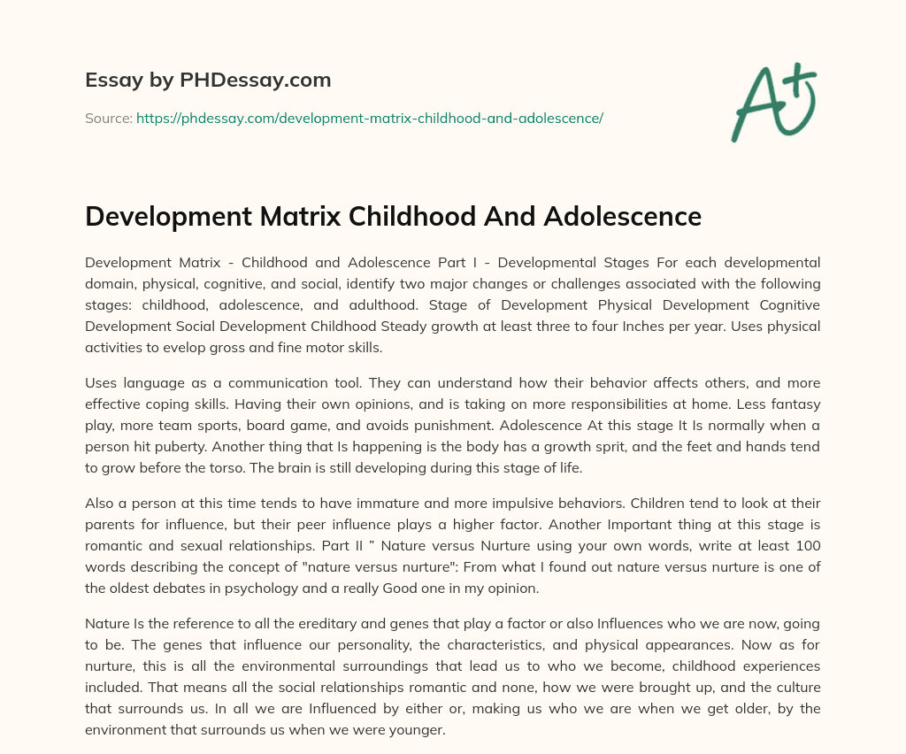 Development Matrix Childhood And Adolescence essay