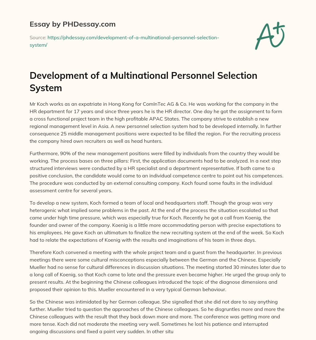 Development of a Multinational Personnel Selection System essay