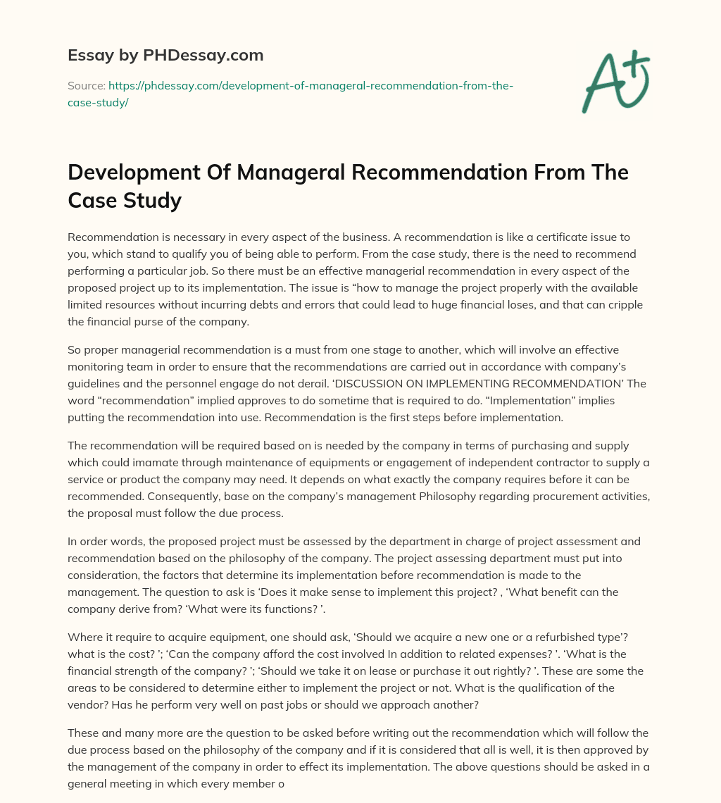 Development Of Manageral Recommendation From The Case Study essay