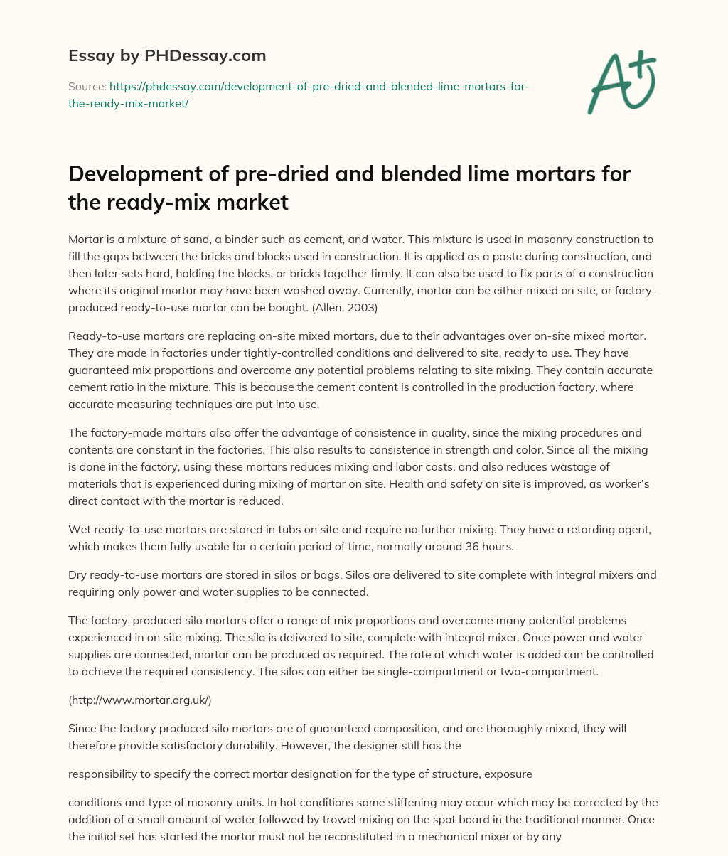 Development of pre-dried and blended lime mortars for the ready-mix market essay