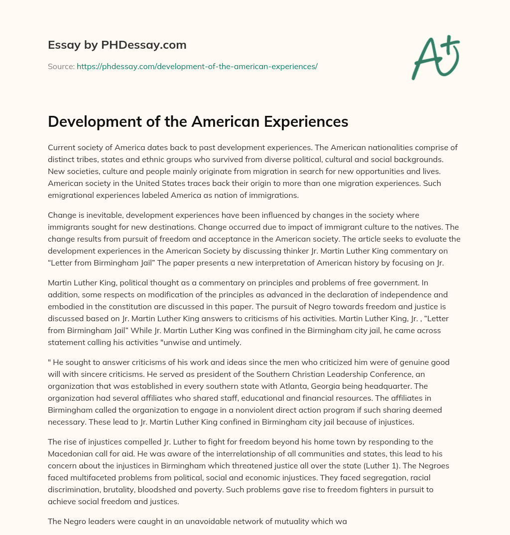Development of the American Experiences essay