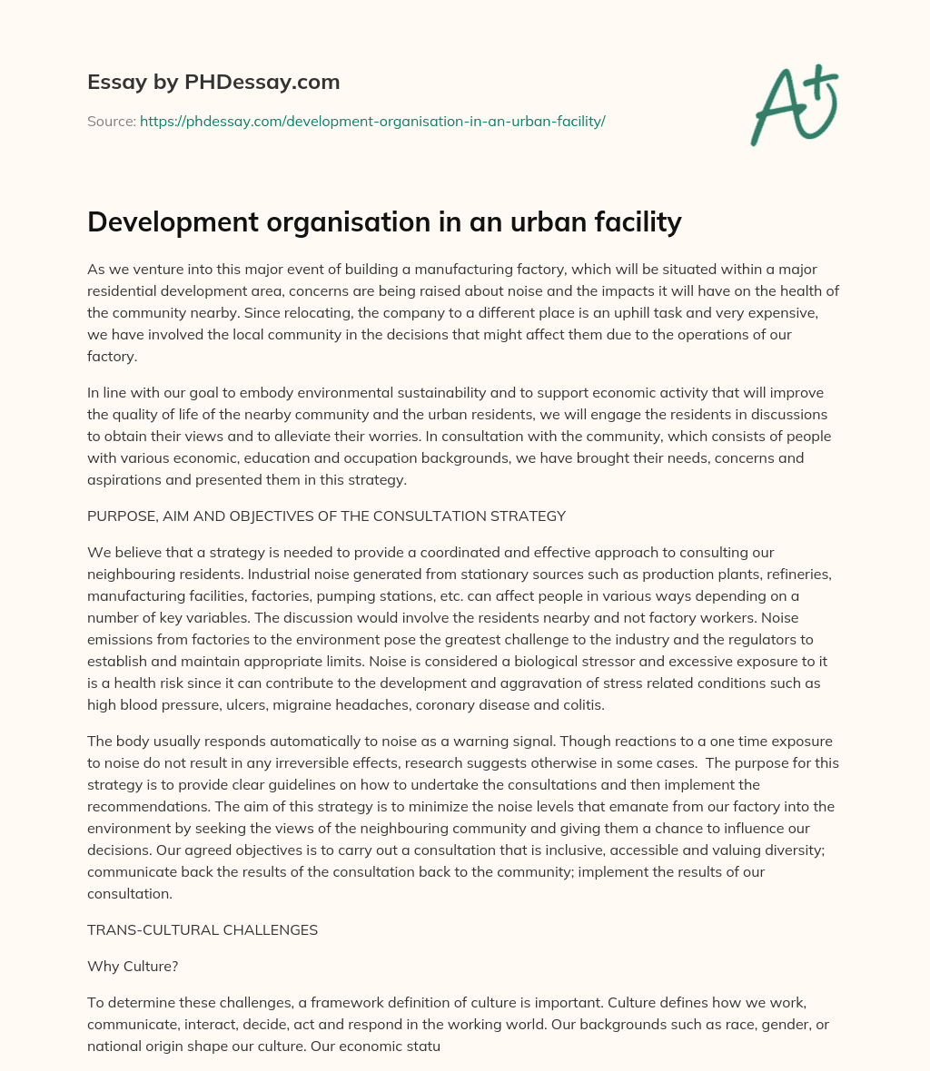 Development organisation in an urban facility essay