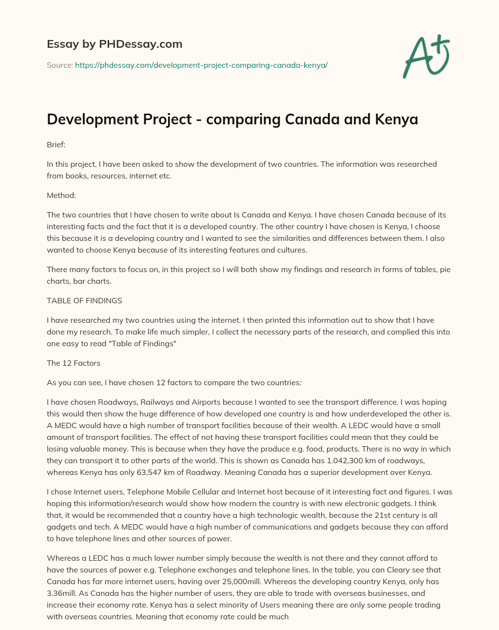 Development Project – comparing Canada and Kenya essay