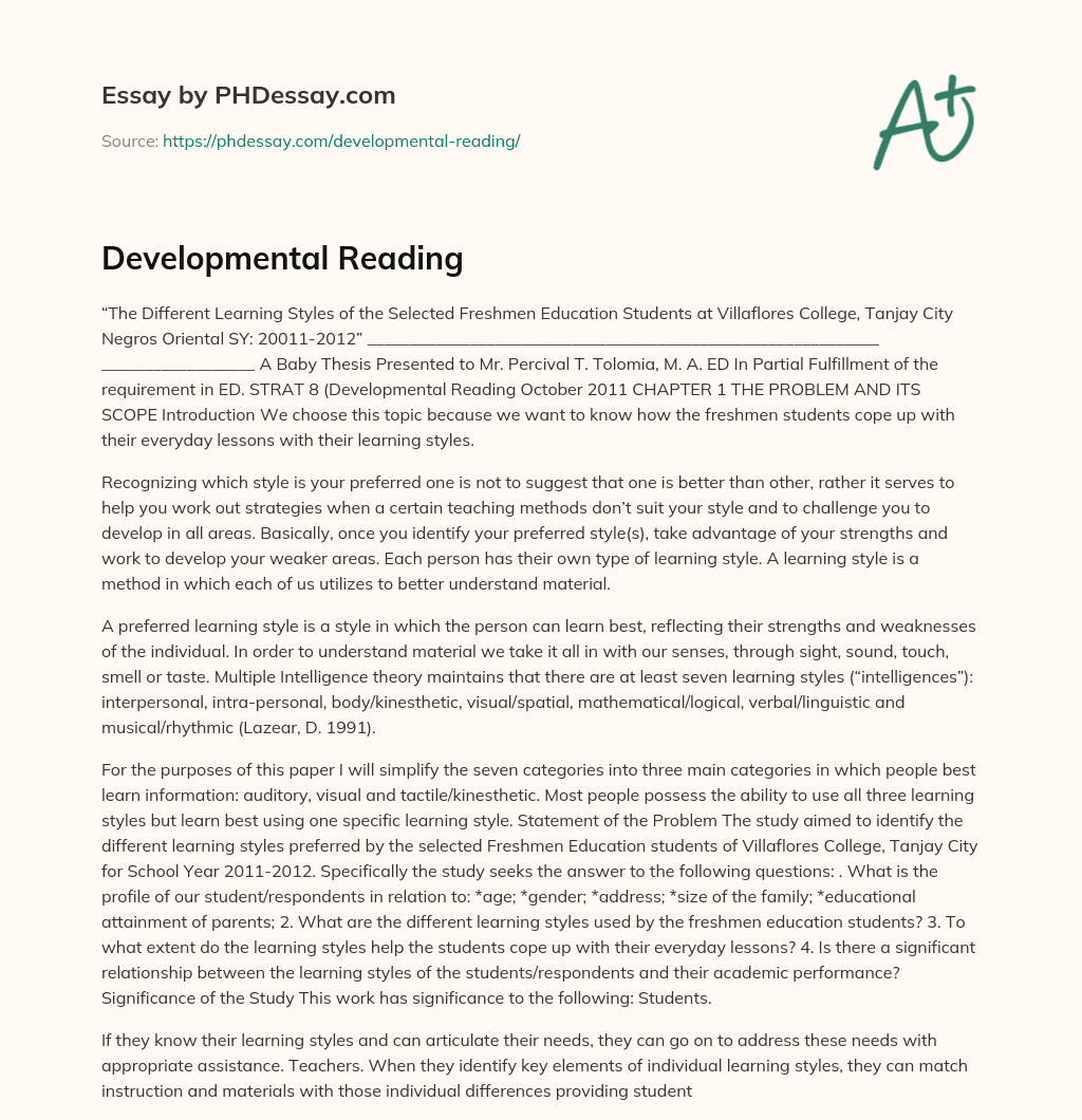 Developmental Reading essay
