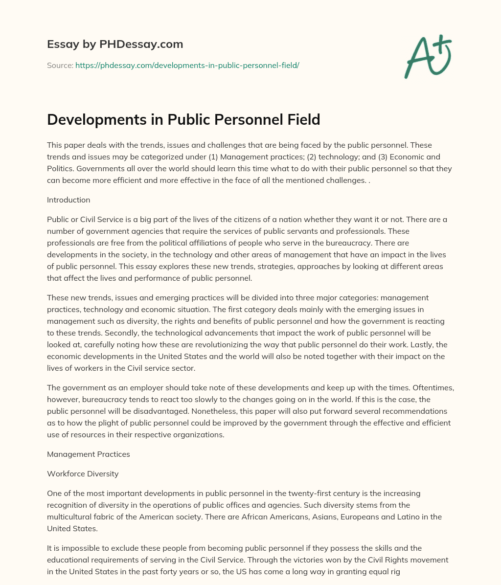 Developments in Public Personnel Field essay