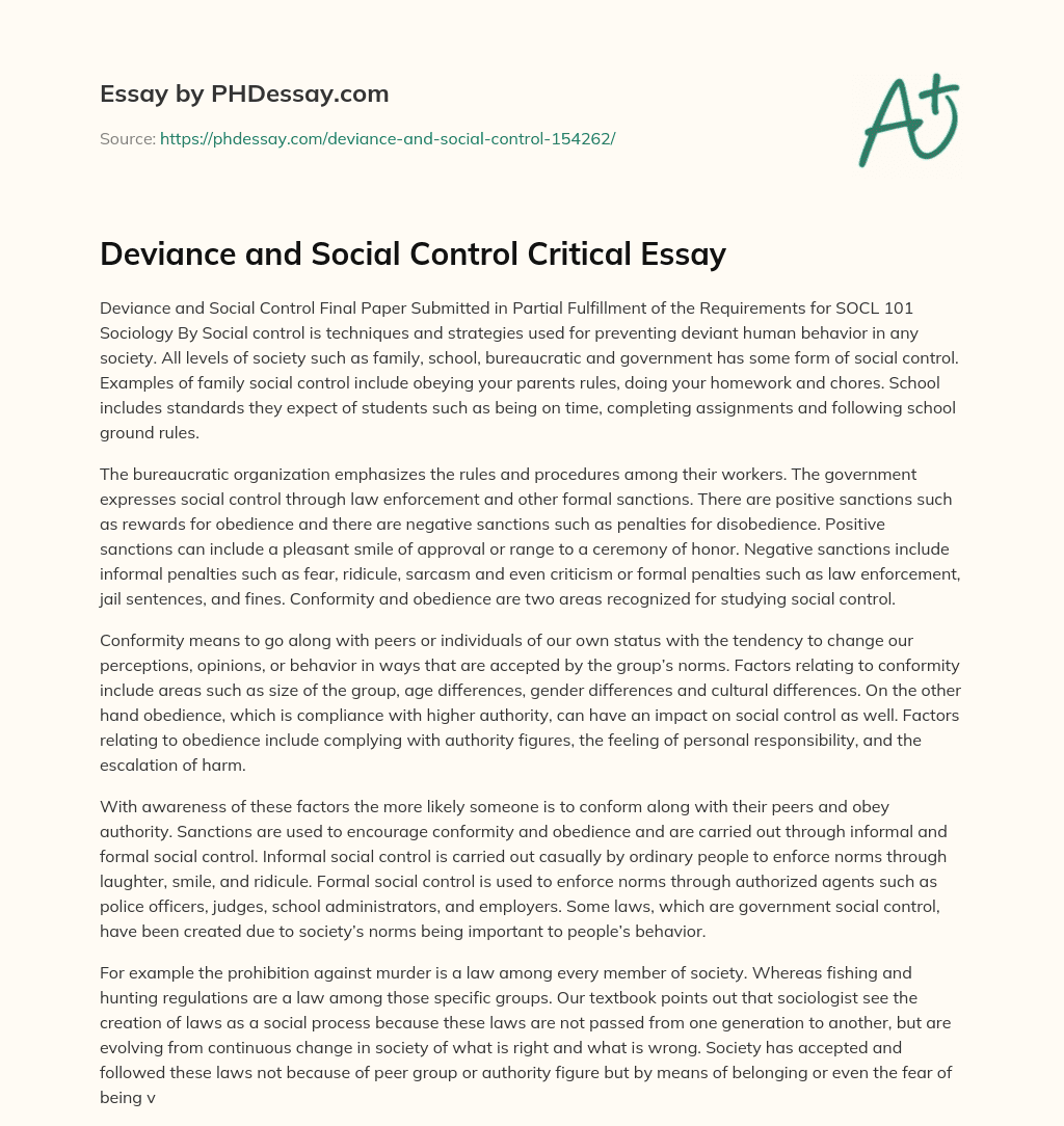 Deviance and Social Control Critical Essay essay