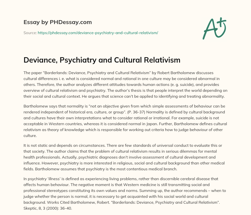 Deviance, Psychiatry and Cultural Relativism essay
