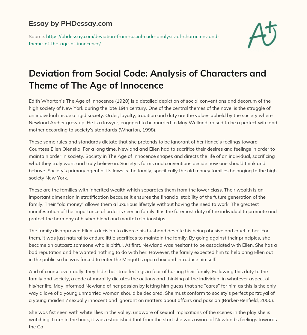 Deviation from Social Code:  Analysis of Characters and Theme of The Age of Innocence essay