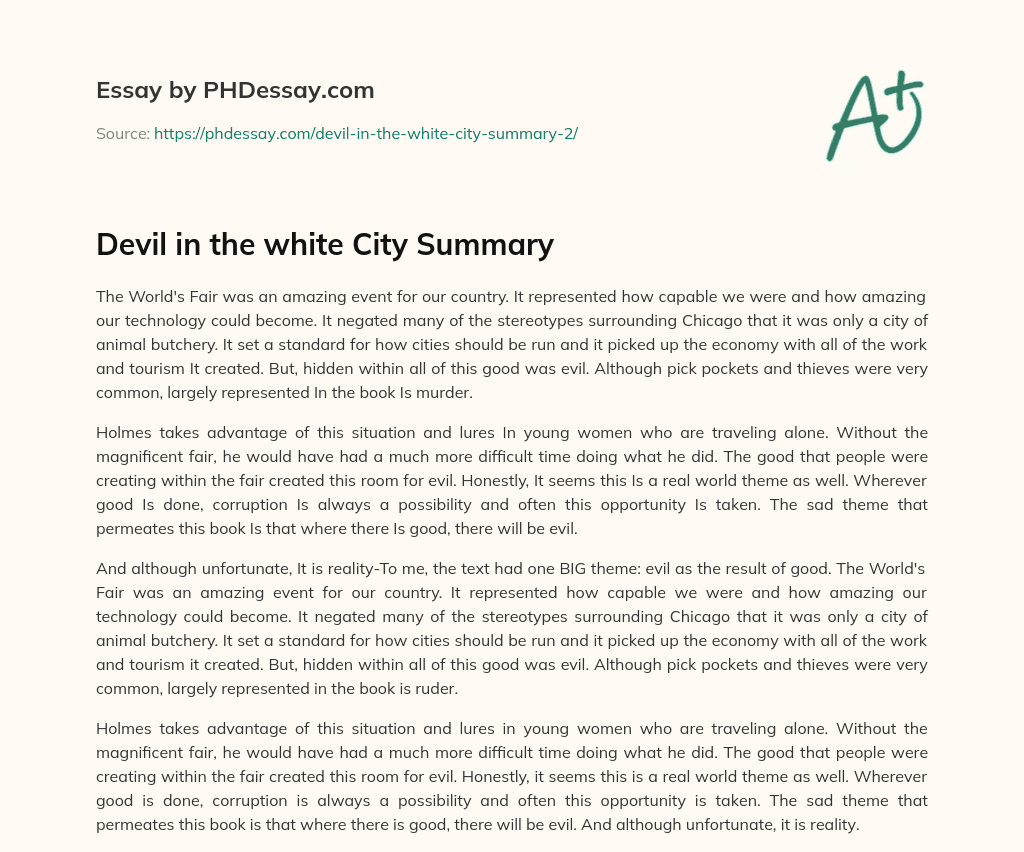 Devil in the white City Summary essay