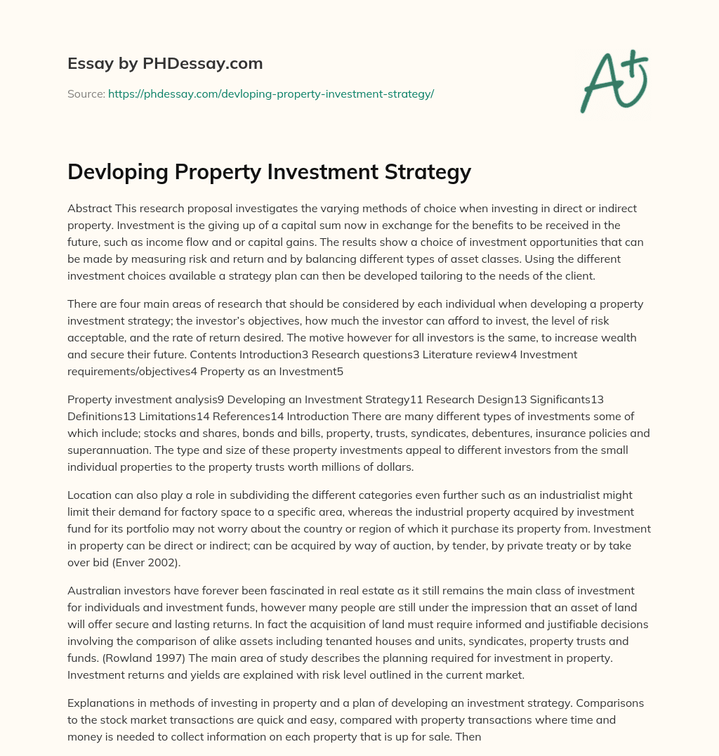 Devloping Property Investment Strategy essay