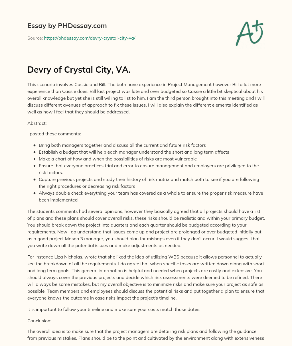 Devry of Crystal City, VA. essay