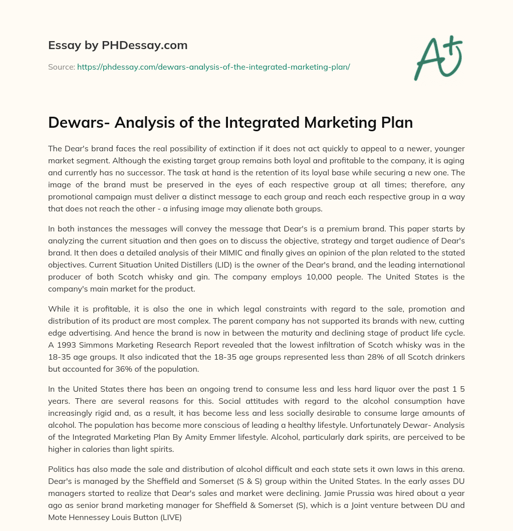 Dewars- Analysis of the Integrated Marketing Plan essay
