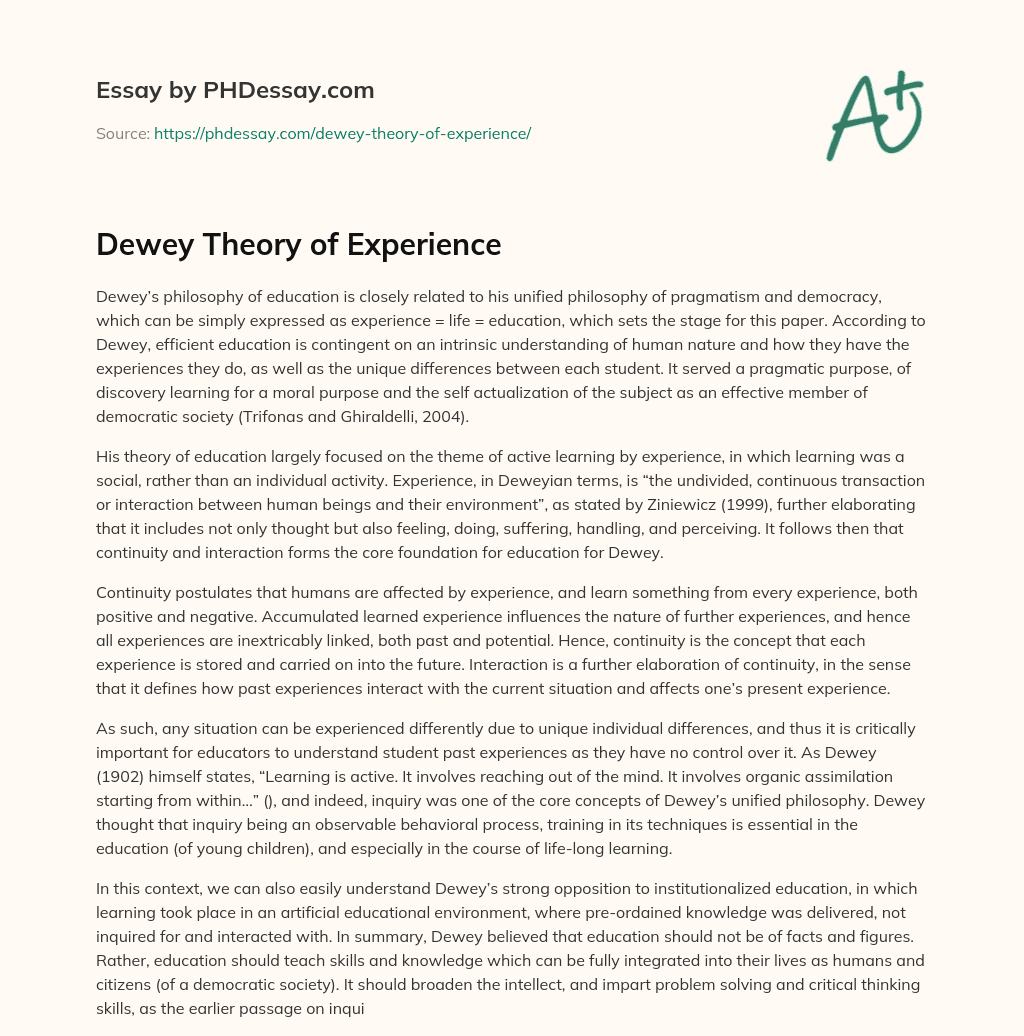 Dewey Theory of Experience essay