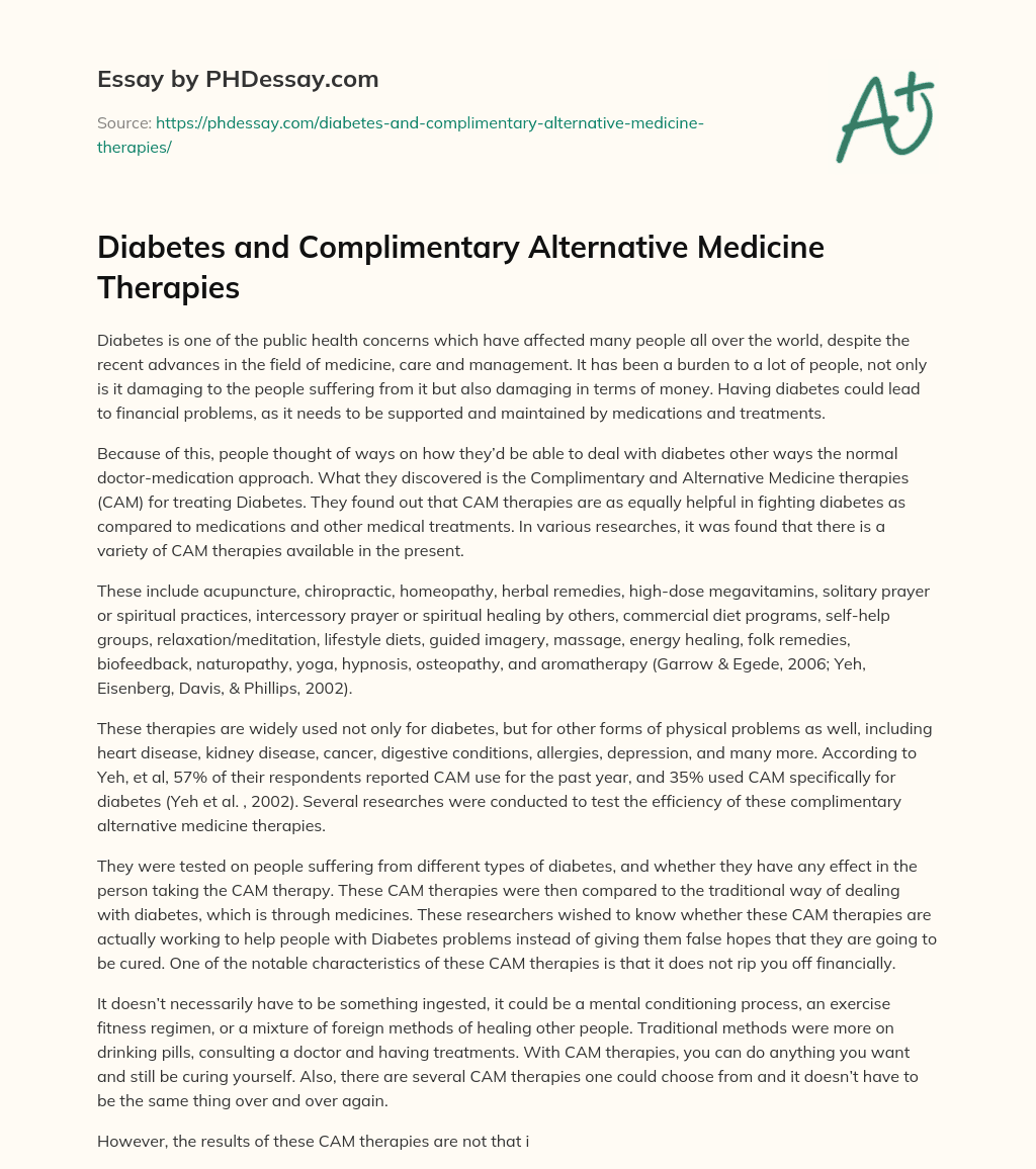Diabetes and Complimentary Alternative Medicine Therapies essay