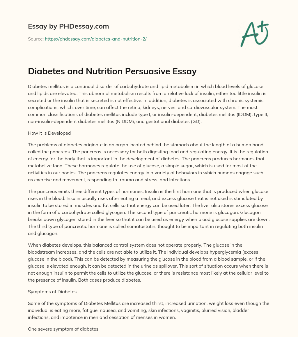 Diabetes and Nutrition Persuasive Essay essay
