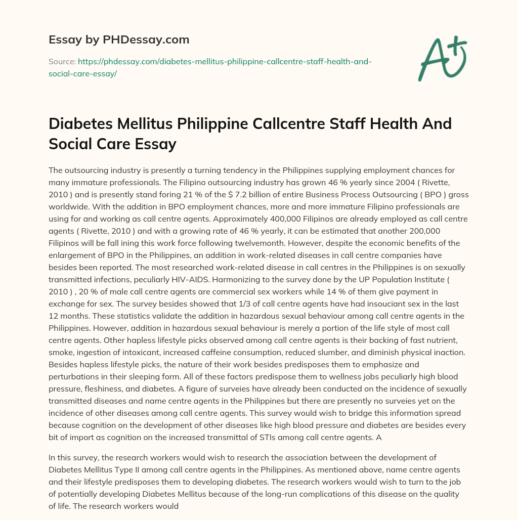Diabetes Mellitus Philippine Callcentre Staff Health And Social Care Essay essay