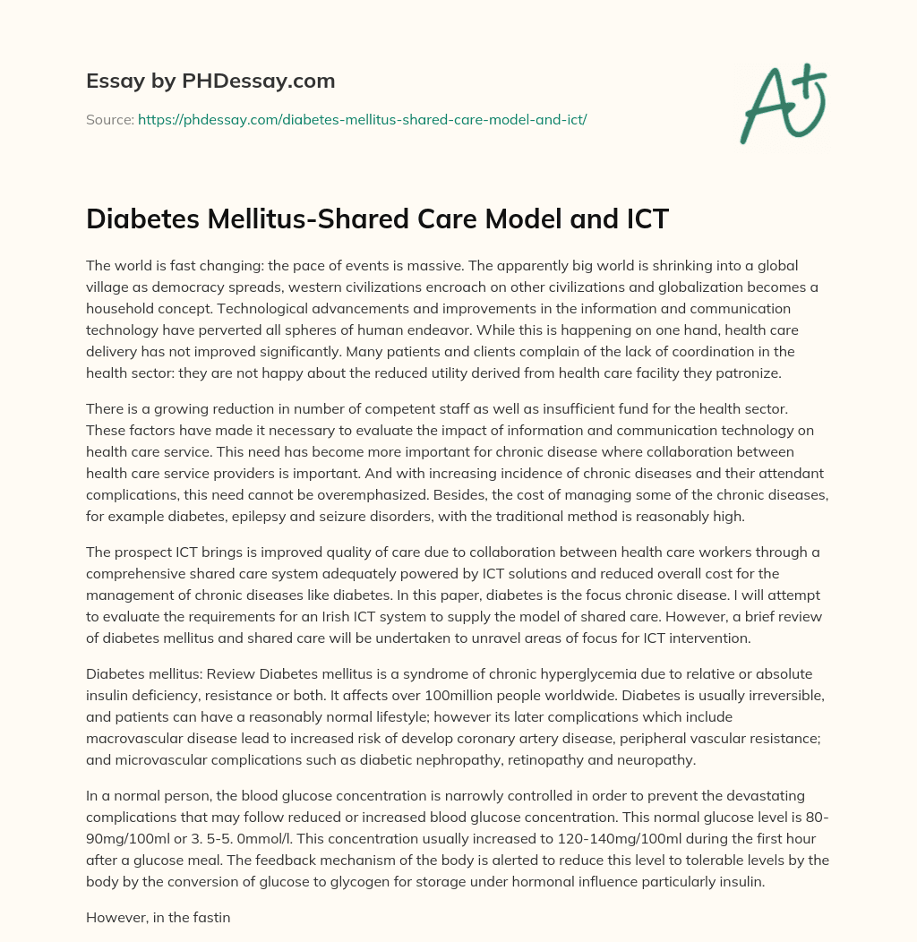 Diabetes Mellitus-Shared Care Model and ICT essay
