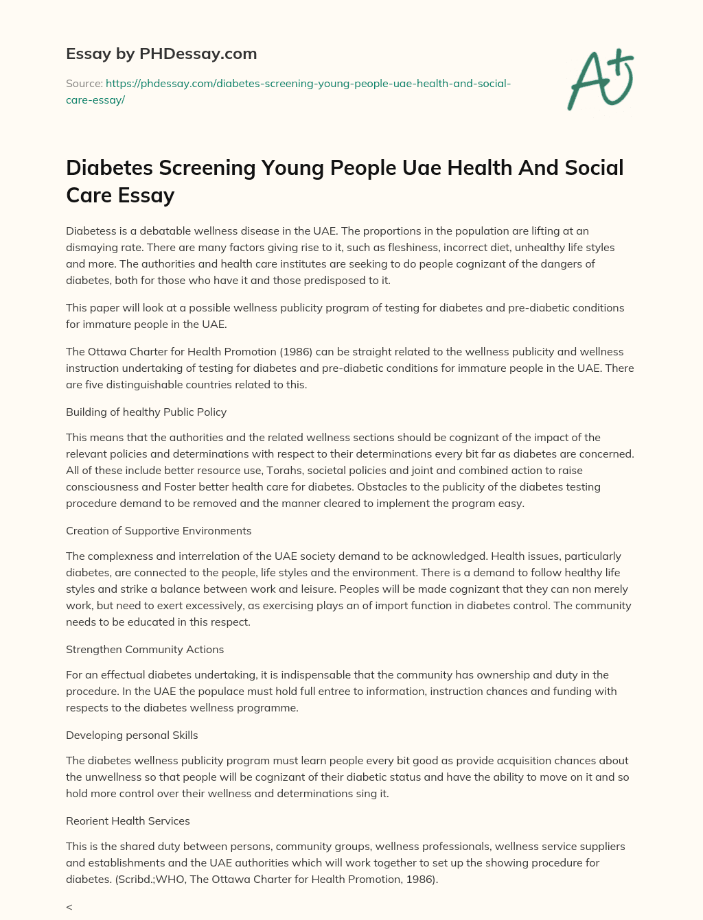 Diabetes Screening Young People Uae Health And Social Care Essay essay