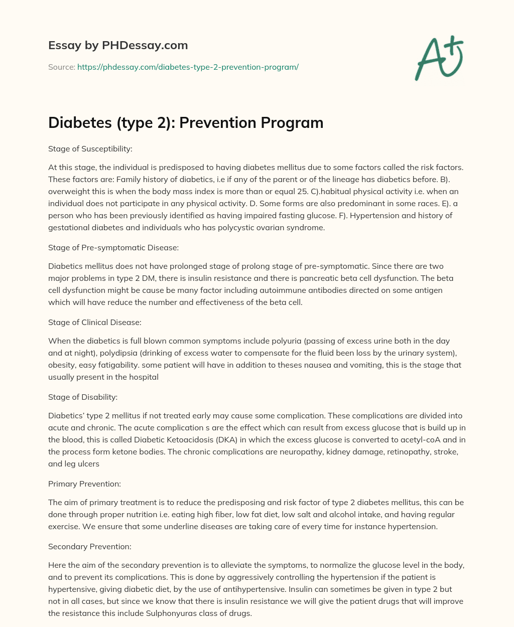 Diabetes (type 2): Prevention Program essay