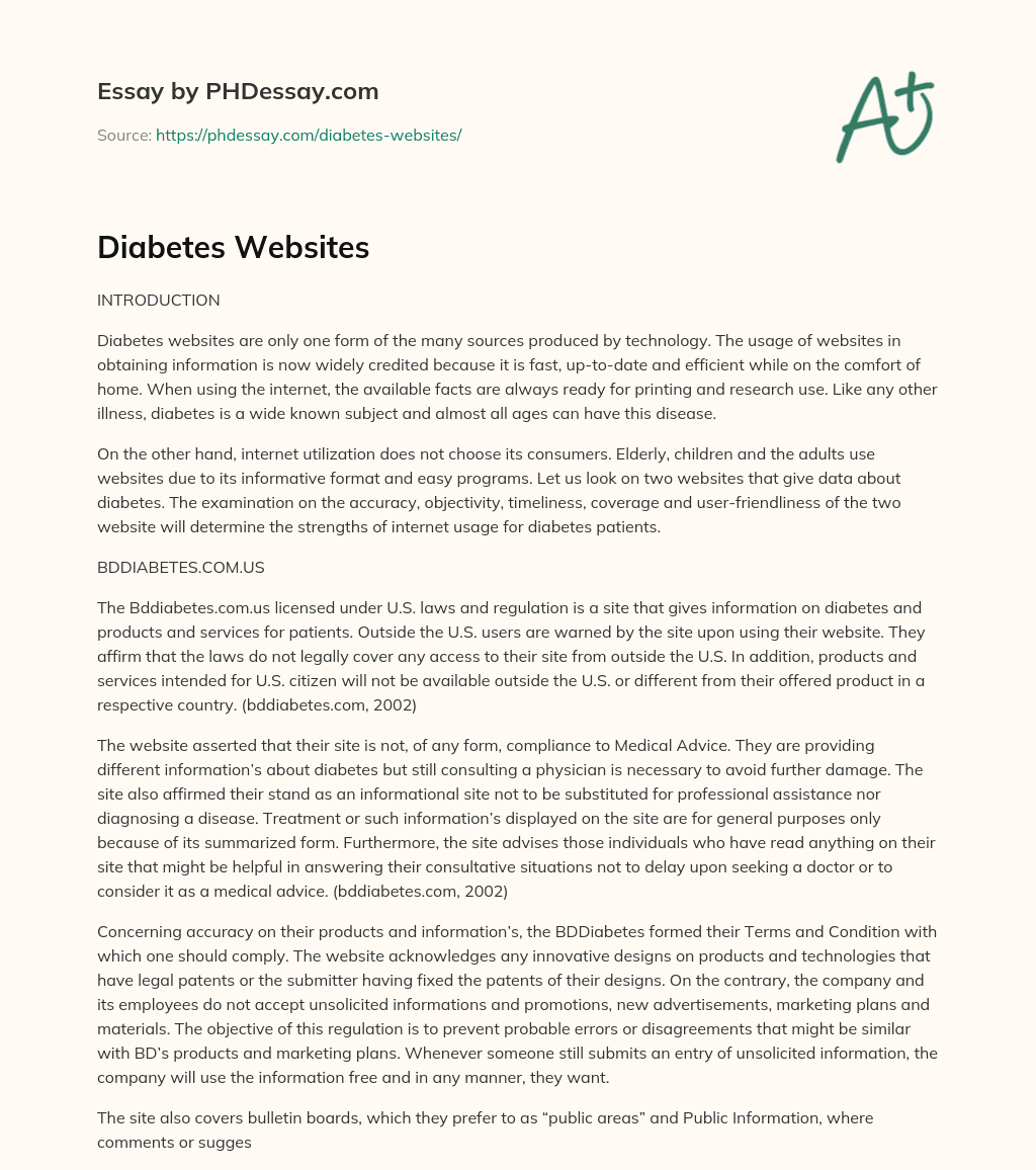 Diabetes Websites essay