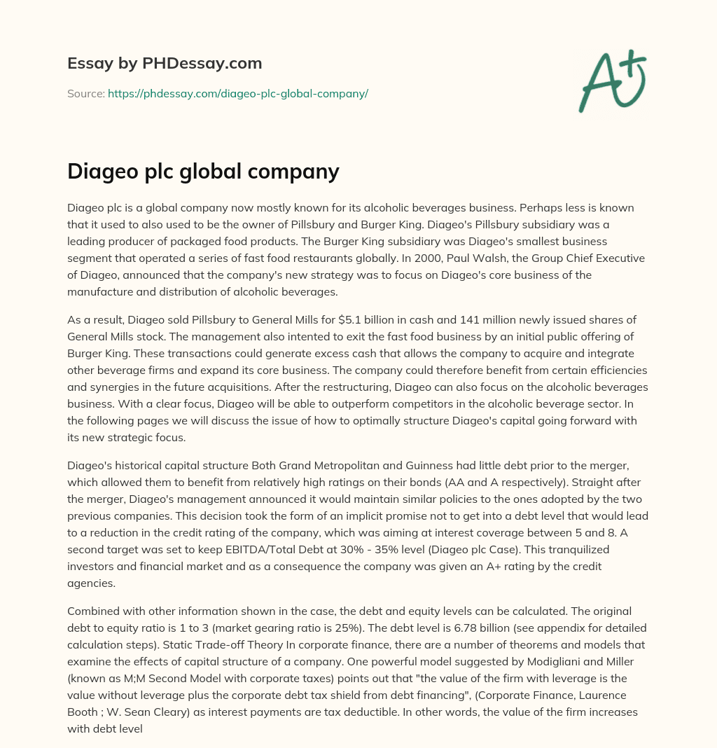 Diageo plc global company essay