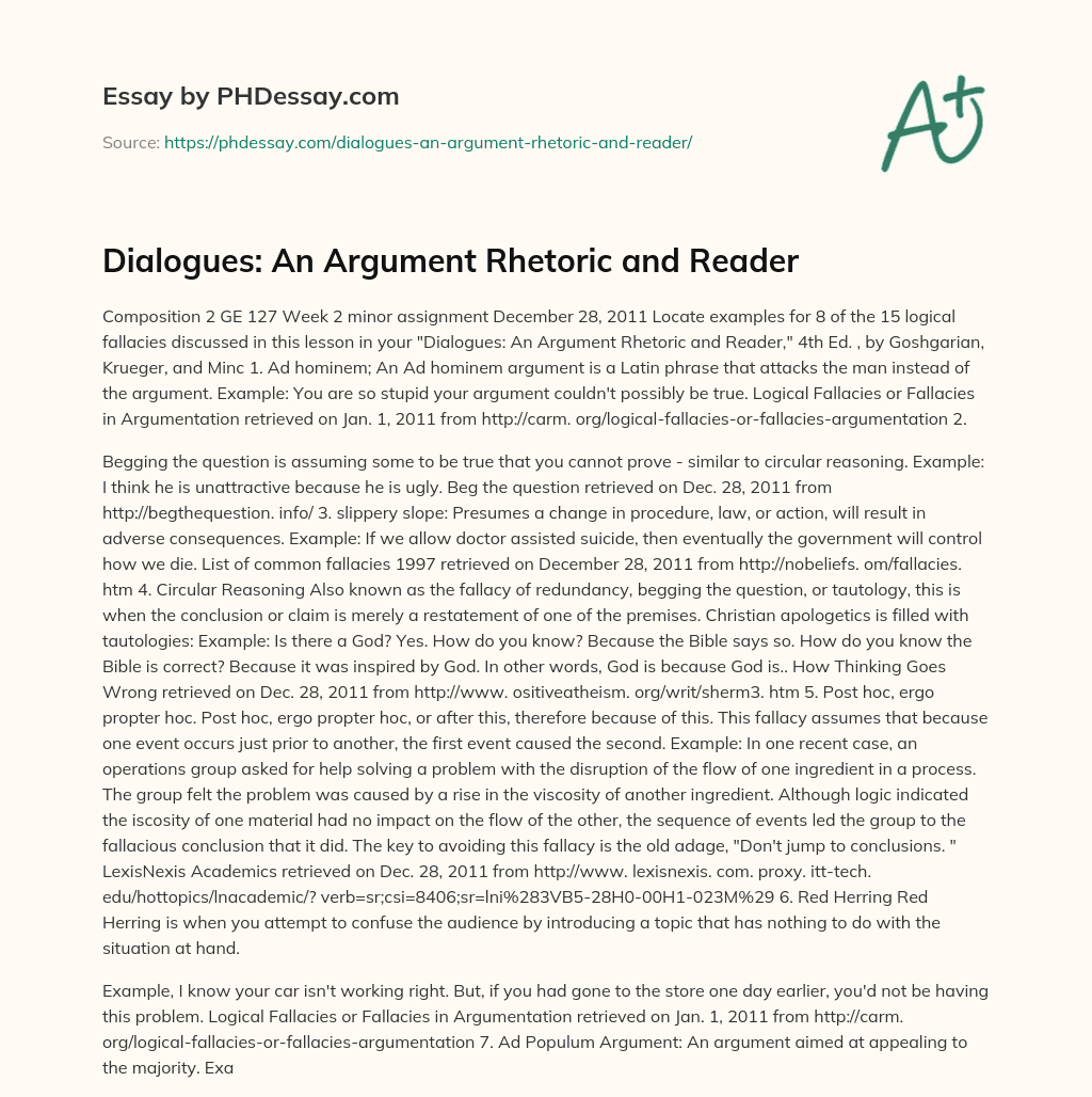 Dialogues: An Argument Rhetoric and Reader essay