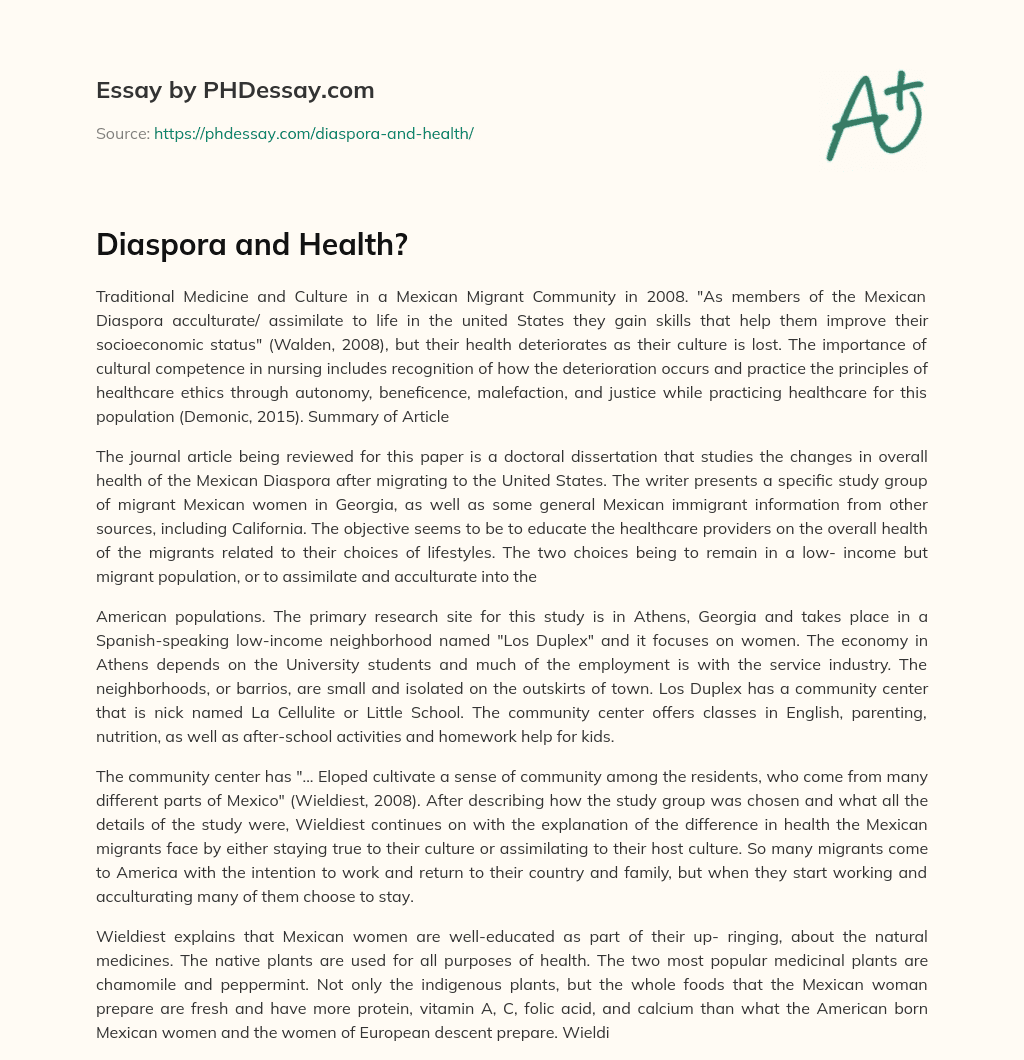 Diaspora and Health? essay