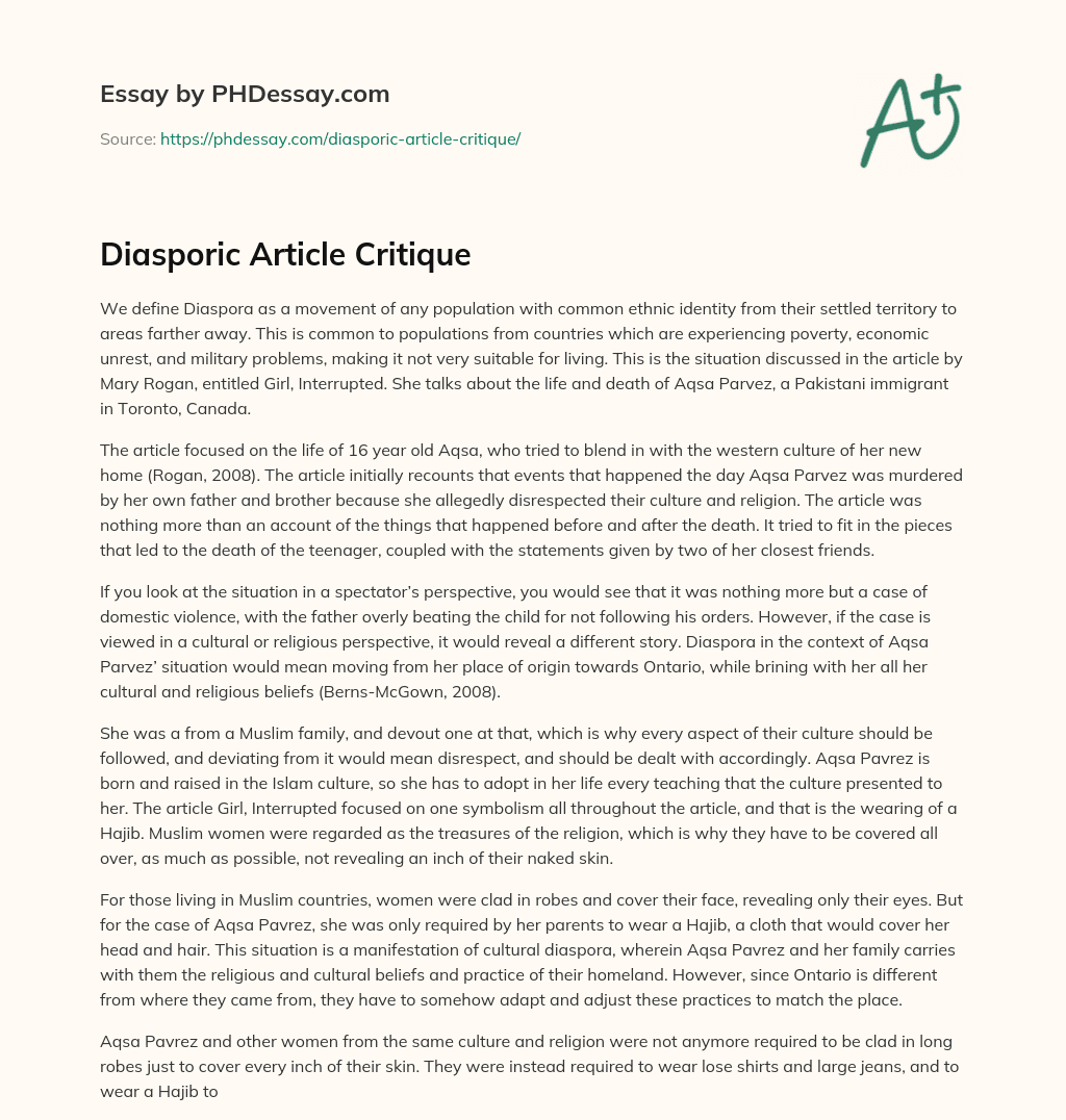 Diasporic Article Critique essay