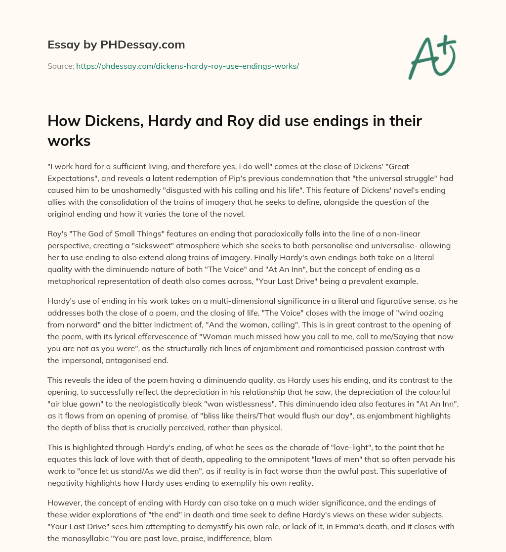 How Dickens, Hardy and Roy did use endings in their works essay