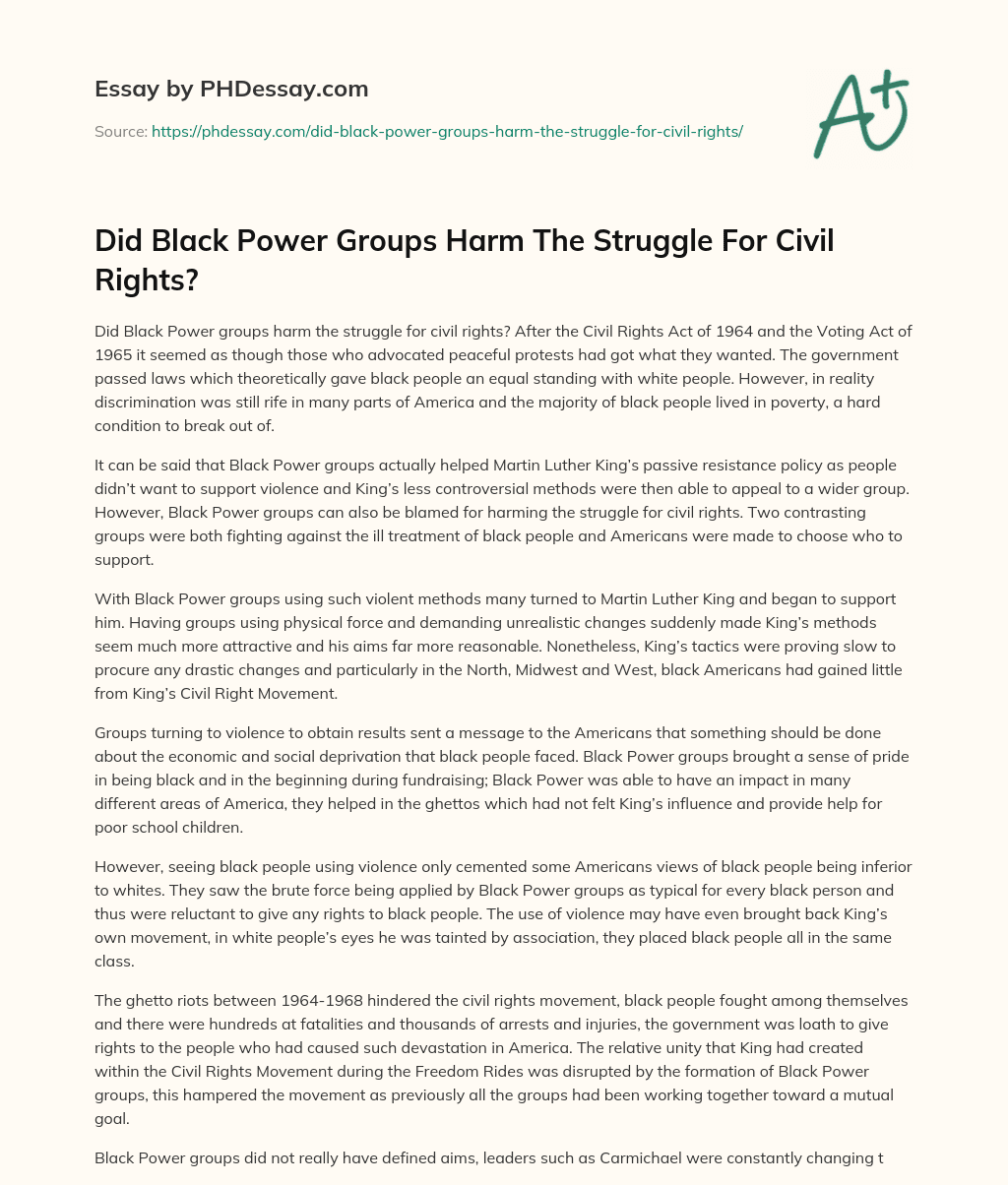 Did Black Power Groups Harm The Struggle For Civil Rights? essay
