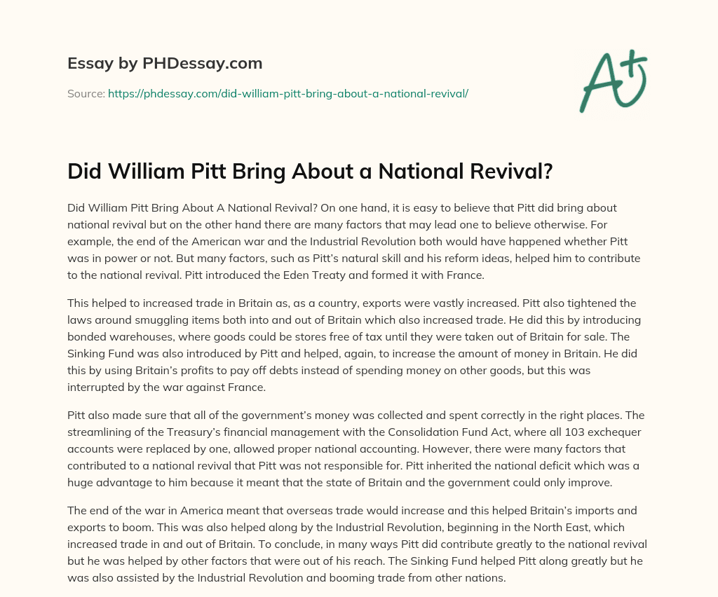 Did William Pitt Bring About a National Revival? essay