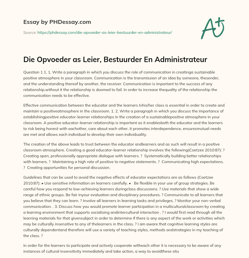 Die Opvoeder as Leier, Bestuurder En Administrateur essay